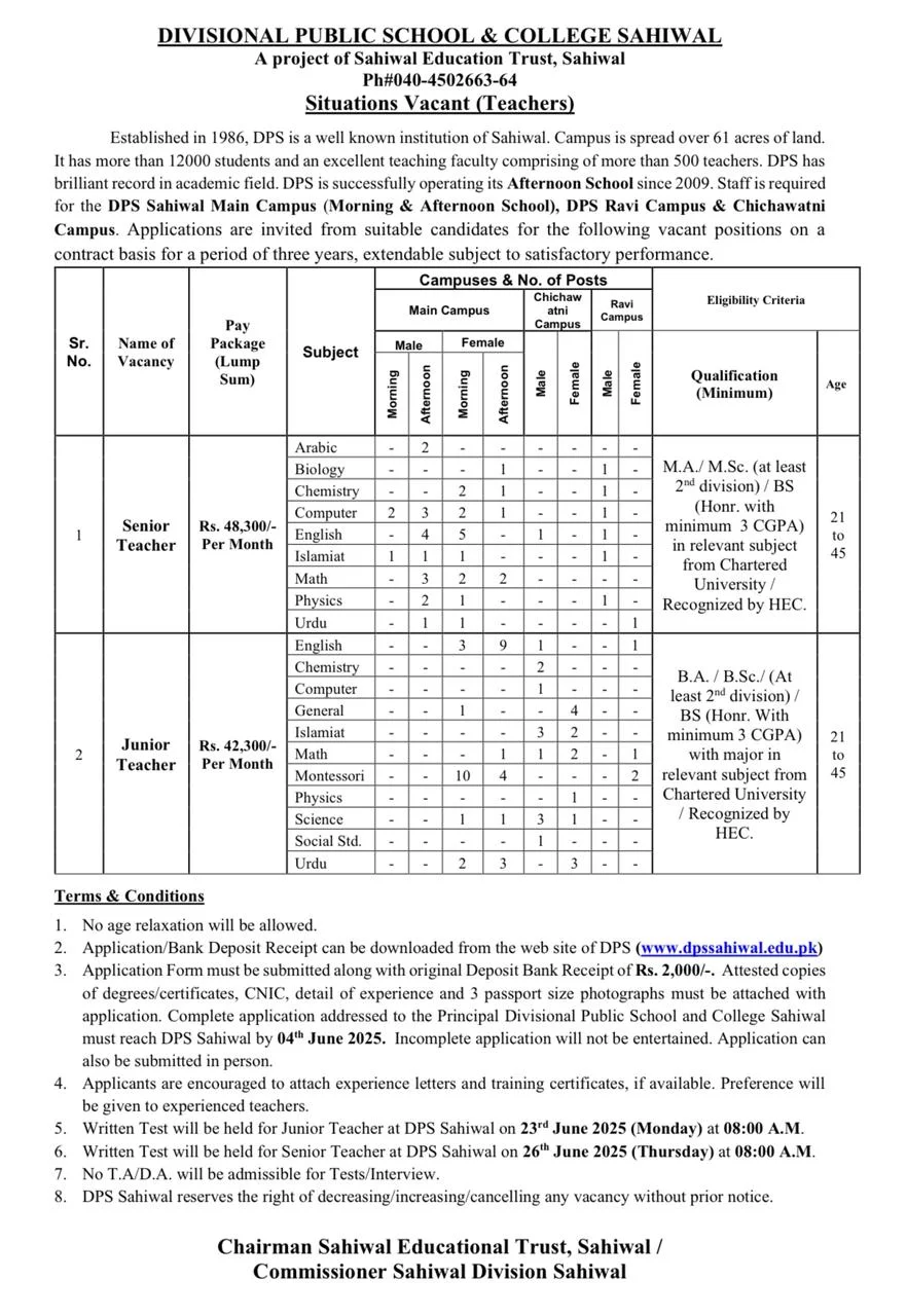 DPS Sahiwal Teaching Jobs 2025