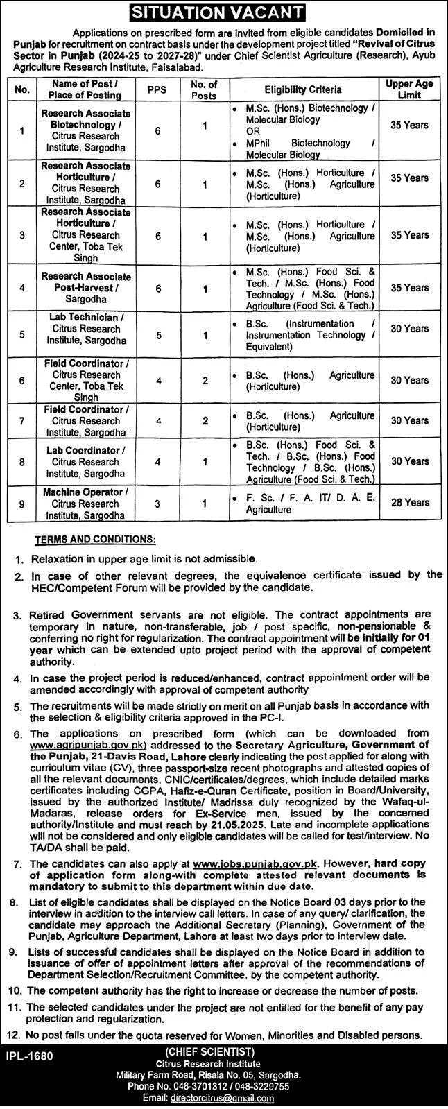 Agriculture Department Punjab Jobs 2025 – Citrus Research Institute Sargodha