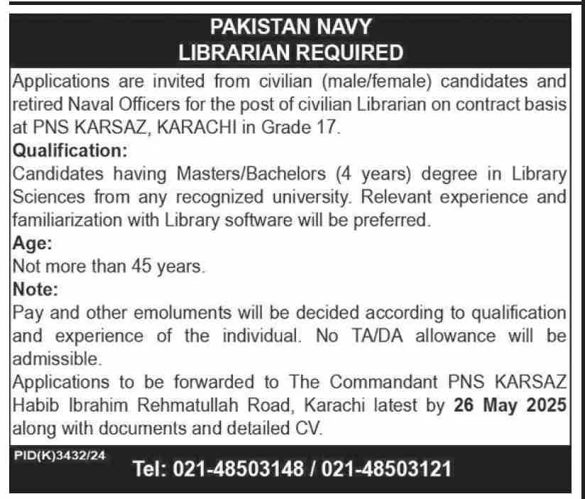 Pakistan Navy Civilian Librarian Jobs