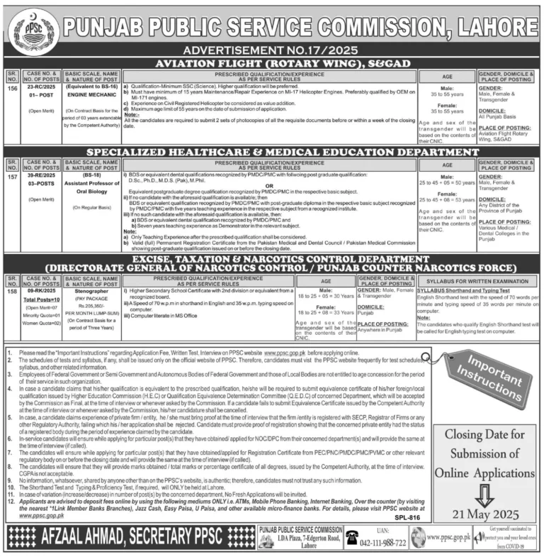 Latest Punjab Public Service Commission PPSC Jobs Advertisement No 17