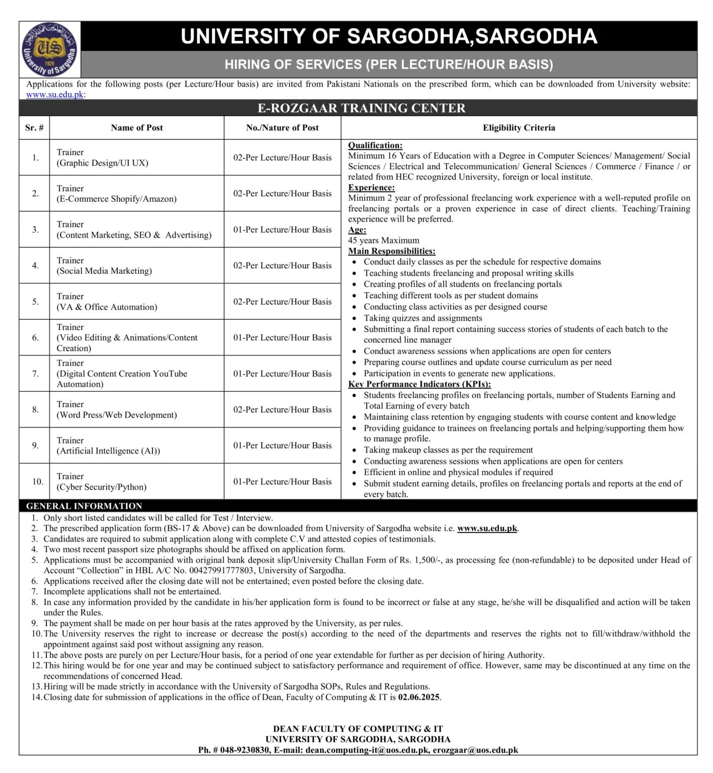 University of Sargodha E-Rozgaar Jobs